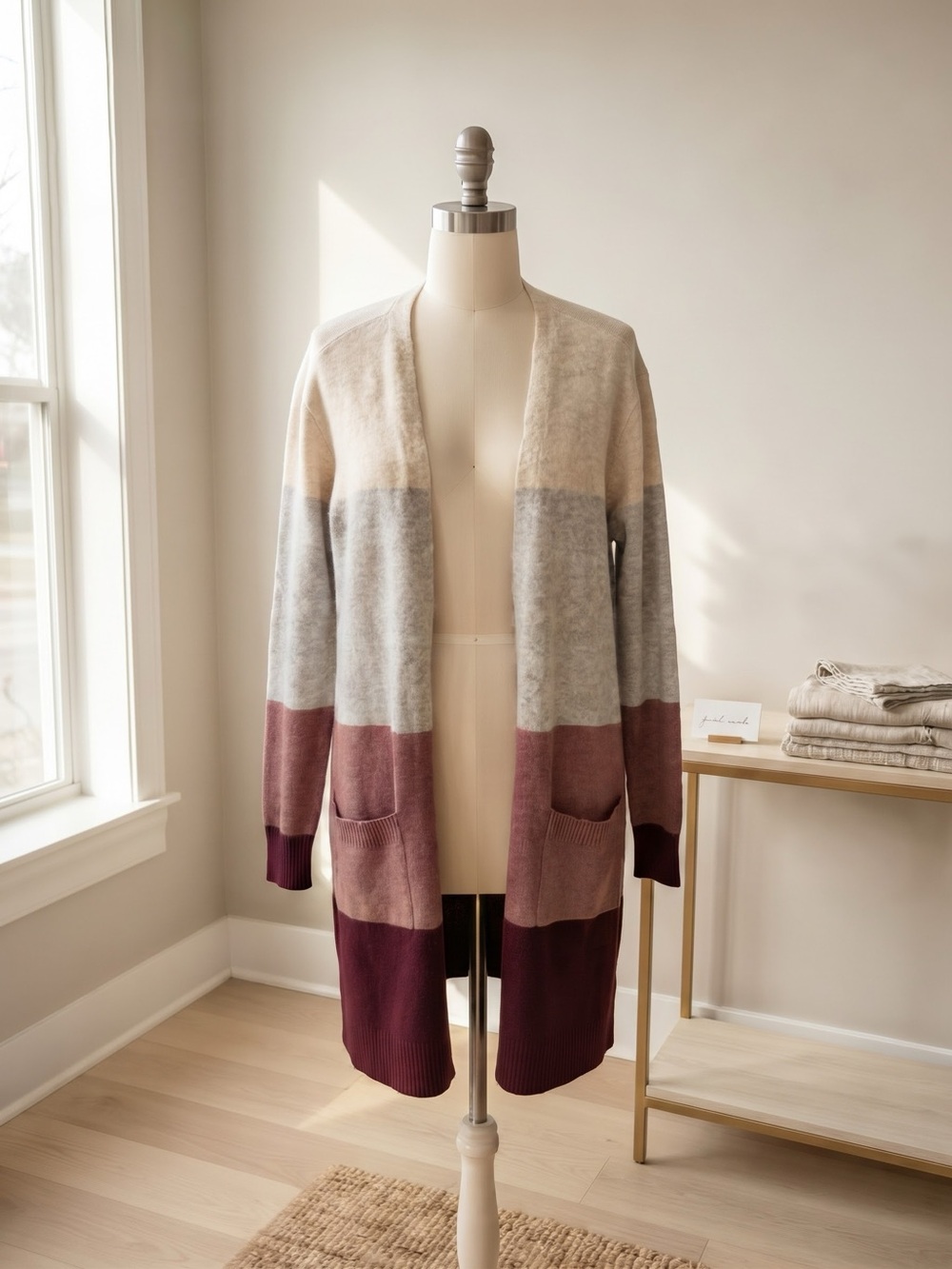 Colorblock Open-Front Long Cardigan Sweater - COZY, Soft Cream, Gray & Burgundy